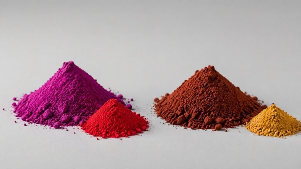 Organic vs inorganic pigments side by side: magenta and red organic pigment powders beside iron oxide brown and yellow inorganic pigments